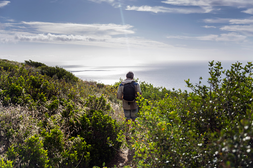 A photo of male backpacker standing on field by sea. Rear view of man in casuals carrying backpack. Young male is enjoying beautiful view of nature during vacation.