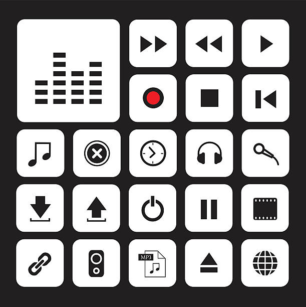 ilustrações, clipart, desenhos animados e ícones de botão de música conjunto de ícones - symbol computer icon ring binder file