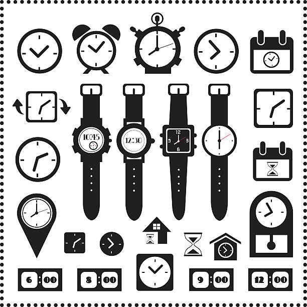 часы и время иконки набор - timer minute hand number 20 hourglass stock illustrations