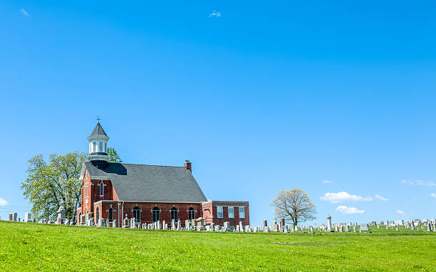 Rural Church Surrounded by Graveyard on Clear Spring Day