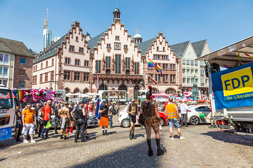 Frankfurt, Germany - July 19, 2014: Christopher Street Day in Frankfurt, Germany. Crowd of people, gays, lesbian and bisexuals, participate in the parade celebrating the Christopher street day.