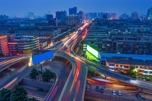 light trails on the steet in shanghai china.