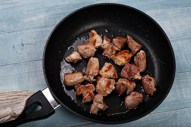 istock Fried meat in a frying pan closeup 502975052