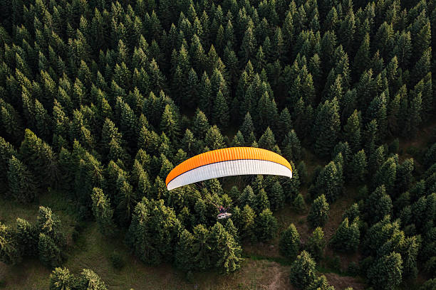aerial view of paramotor flying over the forest aerial view of paramotor flying over the forest in Poland paragliding stock pictures, royalty-free photos & images