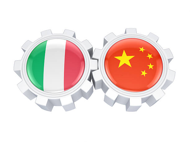 Italian and chinese flags on a gears. stock photo