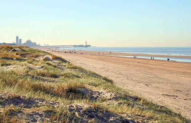 View from the dunes on the Scheveningen Pier (The Hague, Netherlands) and the beach where many people have a stroll on a sunny Sunday morning in winter.