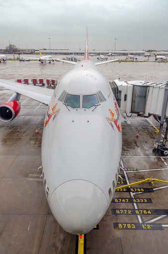 Manchester, England - February 26th, 2015; Virgin Atlantic Boeing 747 on the gate in Manchester airport being made ready for its next departure