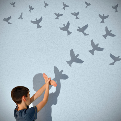 A young boy is making shadow puppet birds with his hands that fly with his fantasy.