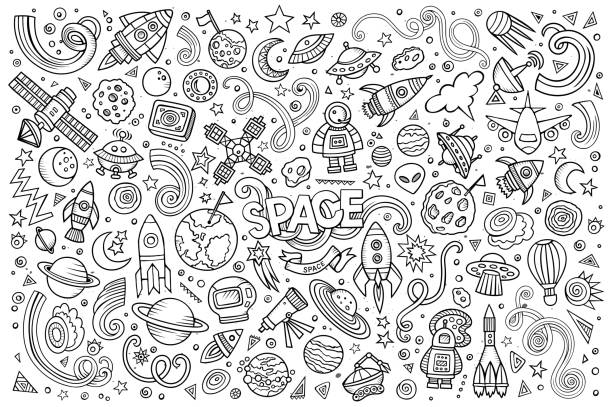 Sketchy vector hand drawn doodles cartoon set of Space objects vector art illustration