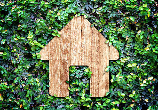 Home icon on green leaves wall,Eco home system Home icon on green leaves wall,Eco home system. repetition photos stock pictures, royalty-free photos & images