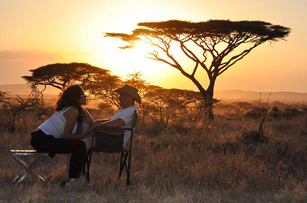 wedding couple bridal couple sitting with sunset serengeti national park tanzania stock pictures, royalty-free photos & images