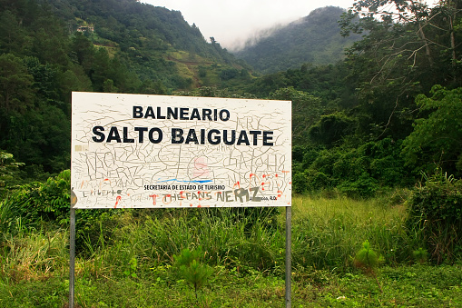 Salto Baiguate waterfall sign, Jarabacoa, Dominican Republic
