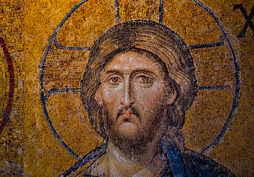 The very detailed mosaic of Jesus Christ at Hagia Sophia in Istanbul Turkey