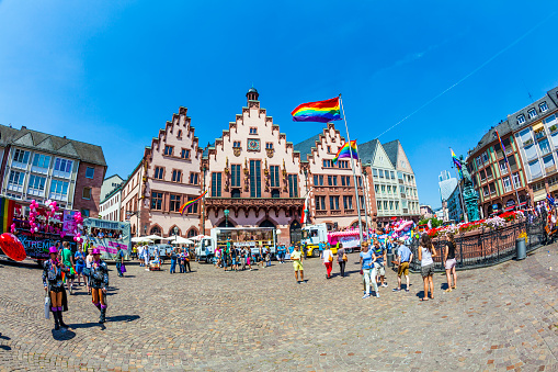 Frankfurt, Germany - July 19, 2014: Christopher Street Day in Frankfurt, Germany. Crowd of people participate in the parade celebrates gays, lesbians and bisexuals.  Parade starts at Roemer place.