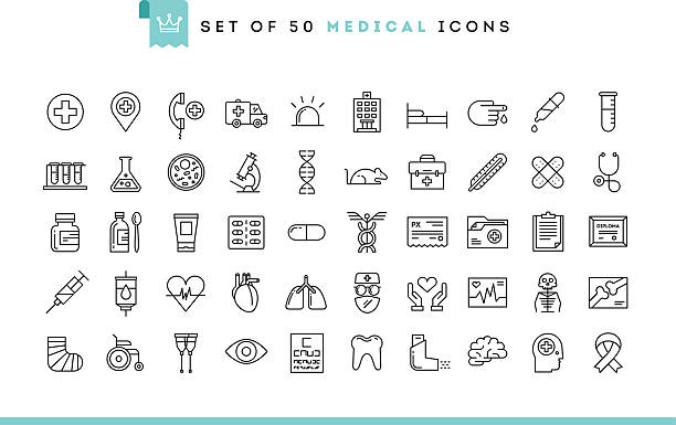 ilustrações, clipart, desenhos animados e ícones de conjunto de ícones de 50 médico estilo, fina linha - symbol healthcare and medicine prescription icon set