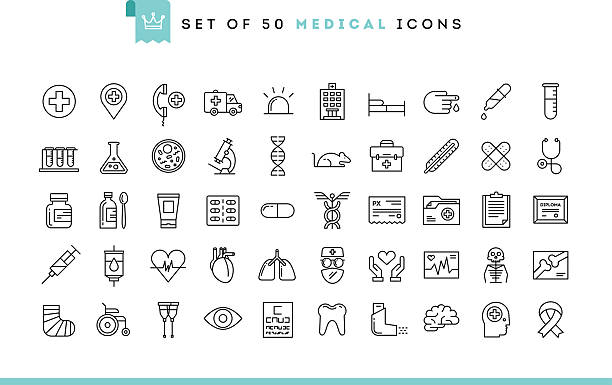 набор 50 медицинских иконок, тонкие линии стиле - pharmacy measuring prescription medicine medicine stock illustrations