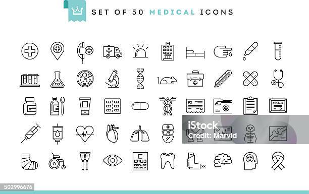 Set Of 50 Medical Icons Thin Line Style Stock Illustration - Download Image Now - Icon Symbol, Pharmacy, Healthcare And Medicine