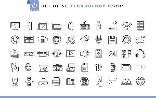 satz von 50 symbole der technologie, dünne linie - usb cable illustrations stock-grafiken, -clipart, -cartoons und -symbole