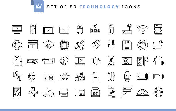 ilustraciones, imágenes clip art, dibujos animados e iconos de stock de conjunto de 50 iconos de la tecnología, estilo de línea fina - usb cable audio