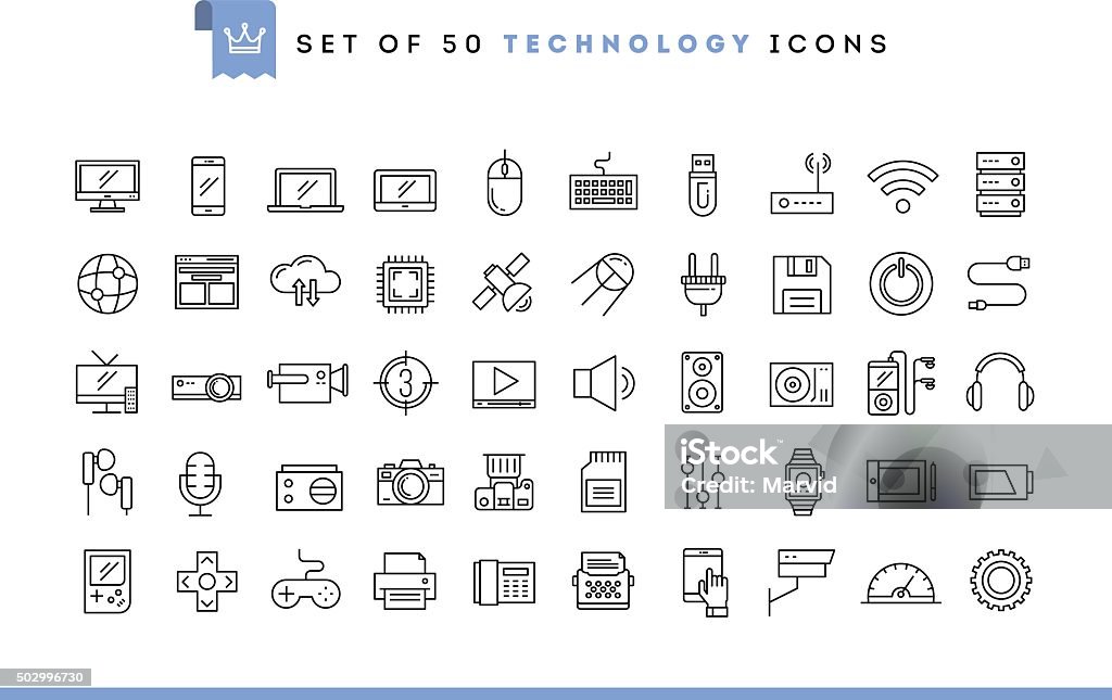 Set di 50 icone di tecnologia, sottile linea di stile - arte vettoriale royalty-free di Icona