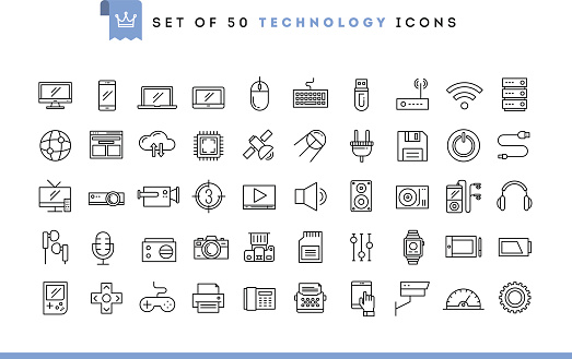 Set of 50 technology icons, thin line style, vector illustration