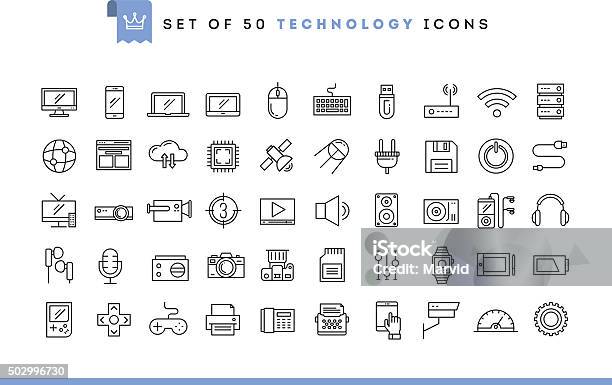 Set Of 50 Technology Icons Thin Line Style Stock Illustration - Download Image Now - Icon Symbol, Computer Cable, Television Set