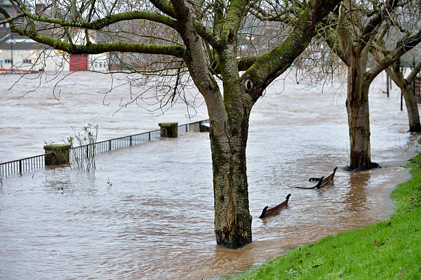 Redding, California, United States  February 21 2025: High river water reaches the Sundial Bridge base after extended rainfall in the region. Editorial use only.