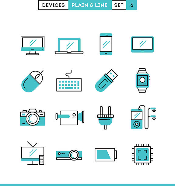 ilustraciones, imágenes clip art, dibujos animados e iconos de stock de la tecnología, los dispositivos, gadgets y más - cable audio equipment electric plug computer cable