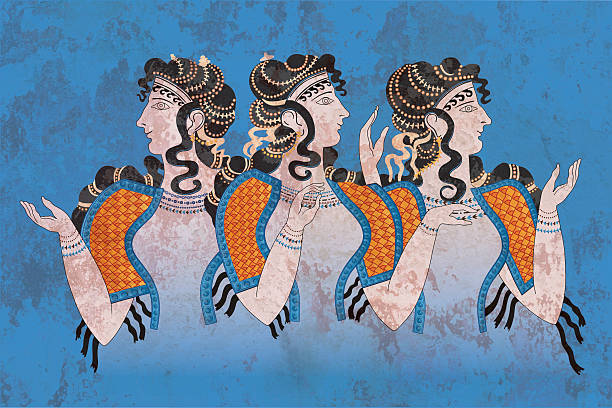 Fresco Three Minoan Women Knossos Fresco Three Minoan Women, Palace of Knossos outside Heraklion on Crete island, Greece ancient greece stock illustrations