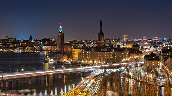 Beautiful nightscape of Stockholm city center, the Venice of the North.  From left to right, Kungsholmen, Stockholm City Hall, Riddarholmen and Gamla Stan are pictured here.
