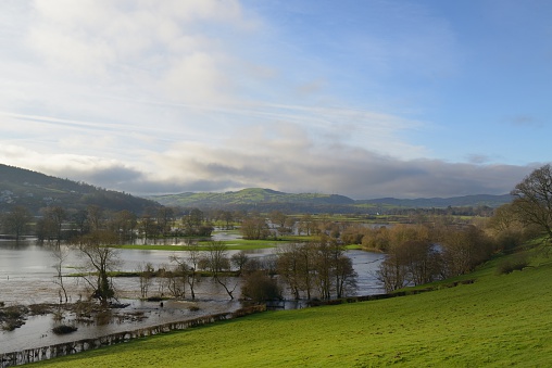 The River Dee bursts it banks at Corwen in December 2015.