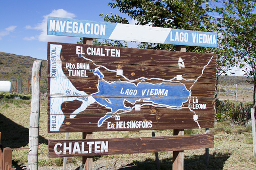 La Leona, Argentina - November 29, 2015: Wooden map showing the Viedma Lake district of Patagonia in Argentina.