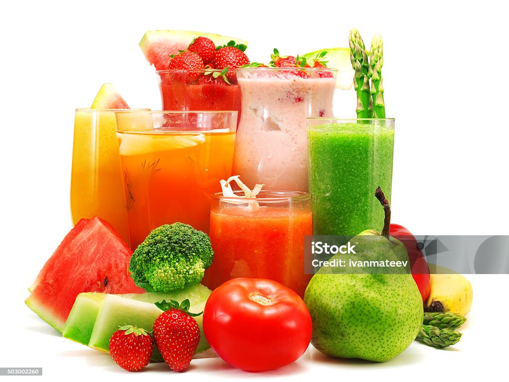 Smoothies Smoothies of different fruits and vegetables isolated on white 2015 Stock Photo