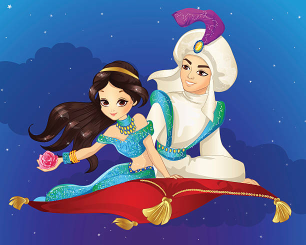 aladdin on flying carpet at night - alaaddin ve sihirli lamba illüstrasyon stock illustrations
