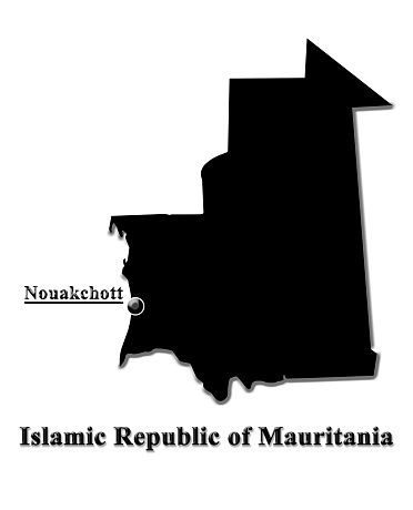 Black silhouette of the map of Islamic Republic of Mauritania with flag and designation of capital