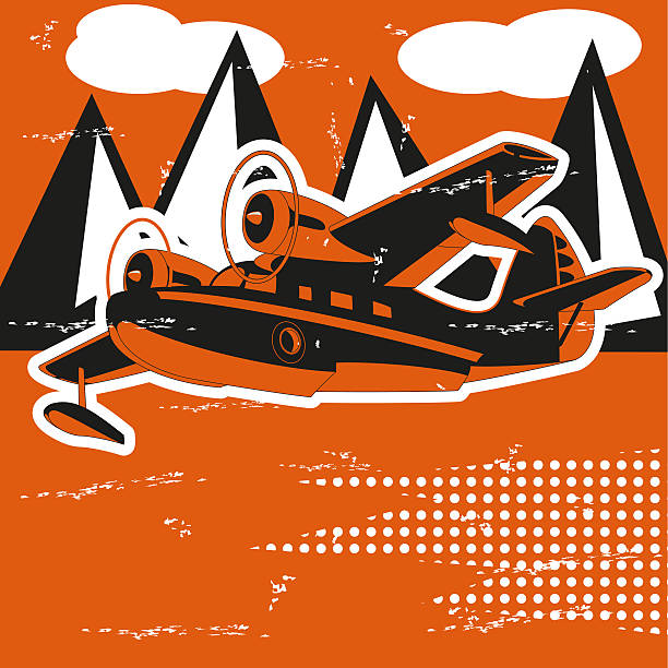 Passenger Sea Plane is featured flying over mountain lake in this sketch-like