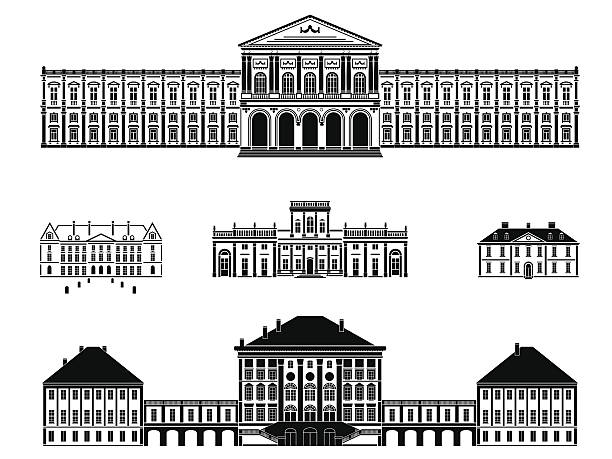 Castles, palaces and mansions vector illustration Five black and white vector illustrations of castles, palaces and mansions mansion stock illustrations