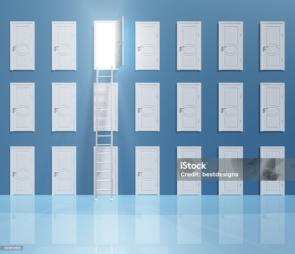 Challenge Solved Wall of doors one door open with ladder Accessibility Stock Photo