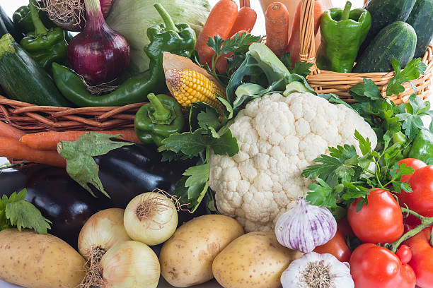Vegetables isolated on a white background A basket with assortment of vegetables isolated on a white background pickled turnip stock pictures, royalty-free photos & images