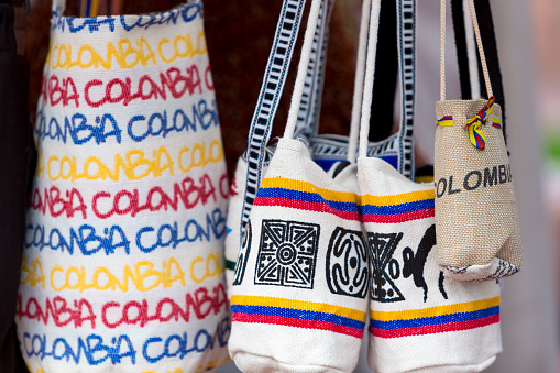 Souvenir bags for sale in Bogota, Colombia. They are called 'mochilas' and are typical of the Wayuu Indians