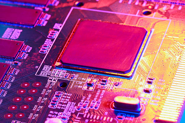 istock Gold yellow with red light of circuit board with processor close-up 503018090