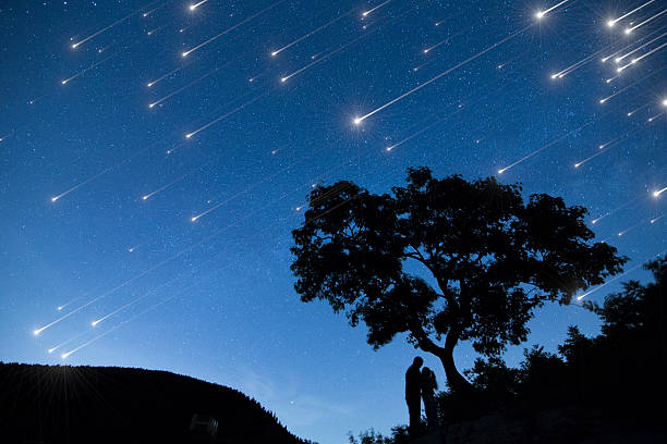 Star shower Silhouette couple under a tree and enjoying Star shower in nights cape meteor shower stock pictures, royalty-free photos & images