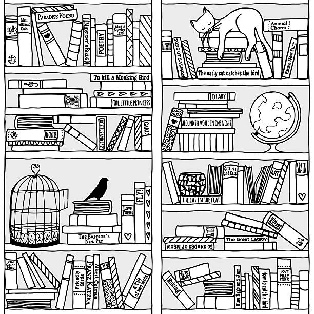 bücherregal mit schlafen katze (nahtlose hintergrund - book titles shelf library stock-grafiken, -clipart, -cartoons und -symbole