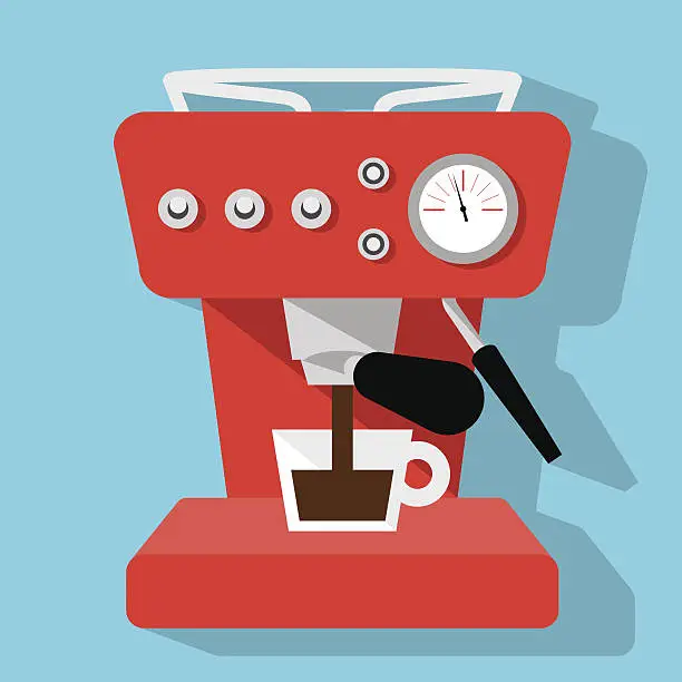 Vector illustration of Red espresso maker icon on blue background