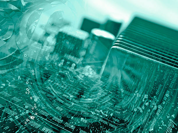 Computer background in greens with electronic device, mail signs and digits.