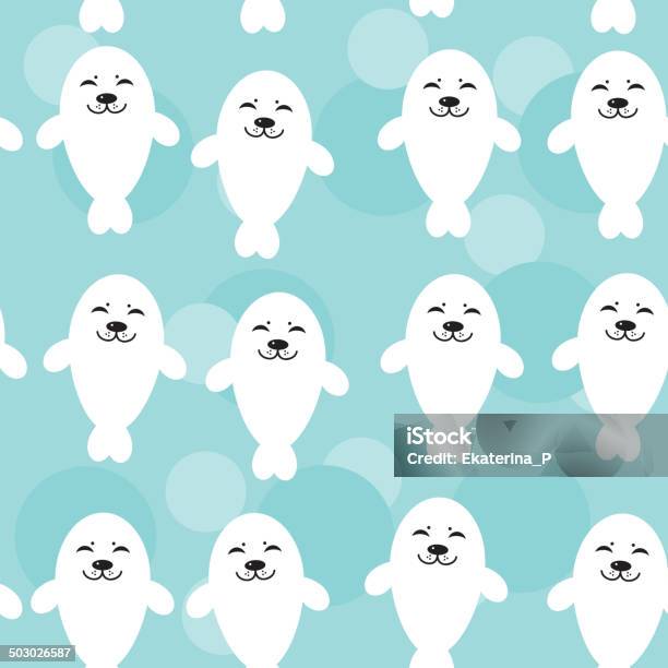 Seamless Pattern Funny Cute White Seals Animal On Blue Background Stock Illustration - Download Image Now