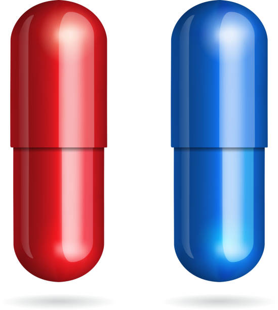 синий и красный таблетки - capsule pill medicine red stock illustrations