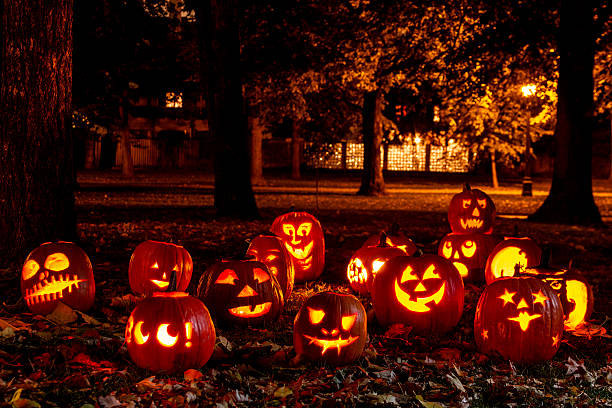Lighted Halloween Pumpkins stock photo
