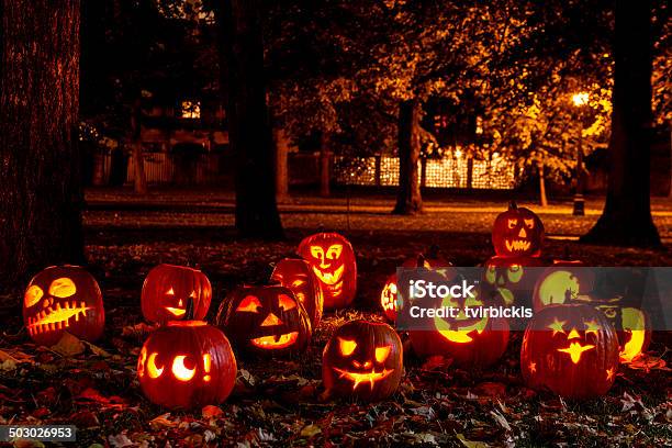 Lighted Halloween Pumpkins Stock Photo - Download Image Now - Jack O' Lantern, Autumn, Candle