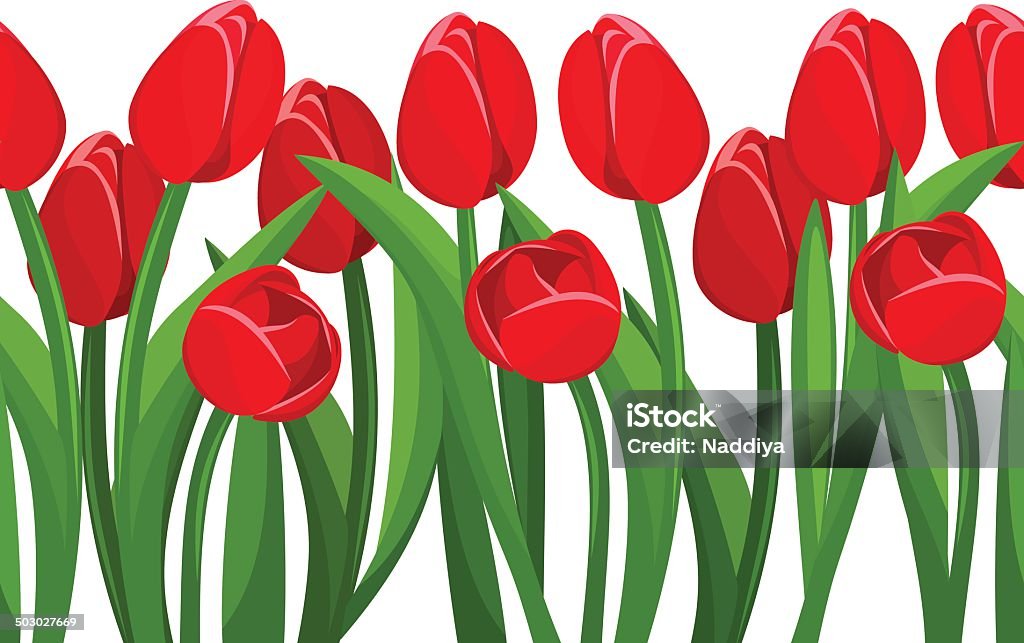 Horizontal seamless background with red tulips. Vector illustration. Vector horizontal seamless background with red tulips and green leaves. Backgrounds stock vector